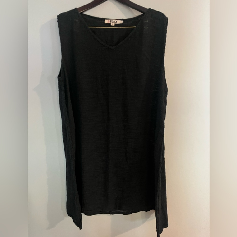 Flax 100% Linen Shift Dress New Black Sleeveless Lagenlook Midi Oversized Large